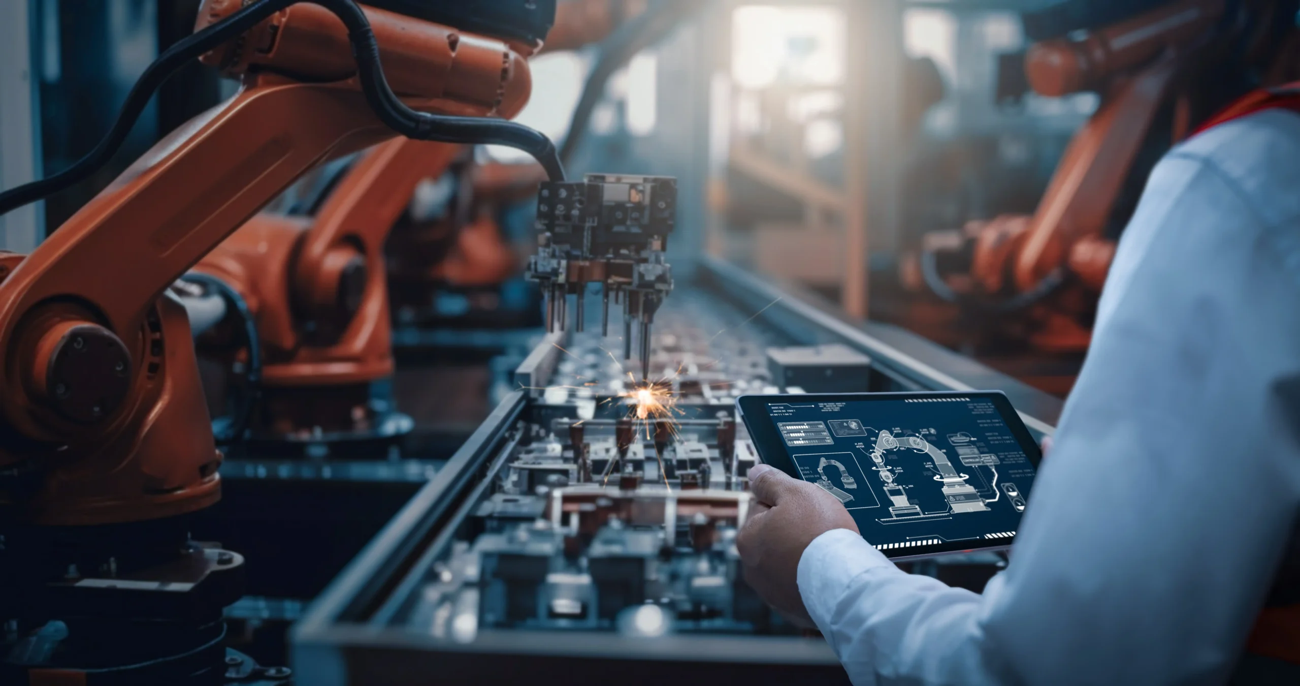 Work Smarter: The Case for QA Automation” How SQ fits a modern stack Image depicting a factory setting with automated machine and hands holding a tablet looking at real-time data for: Work Smarter: The Case for QA Automation" How SQ fits a modern stack