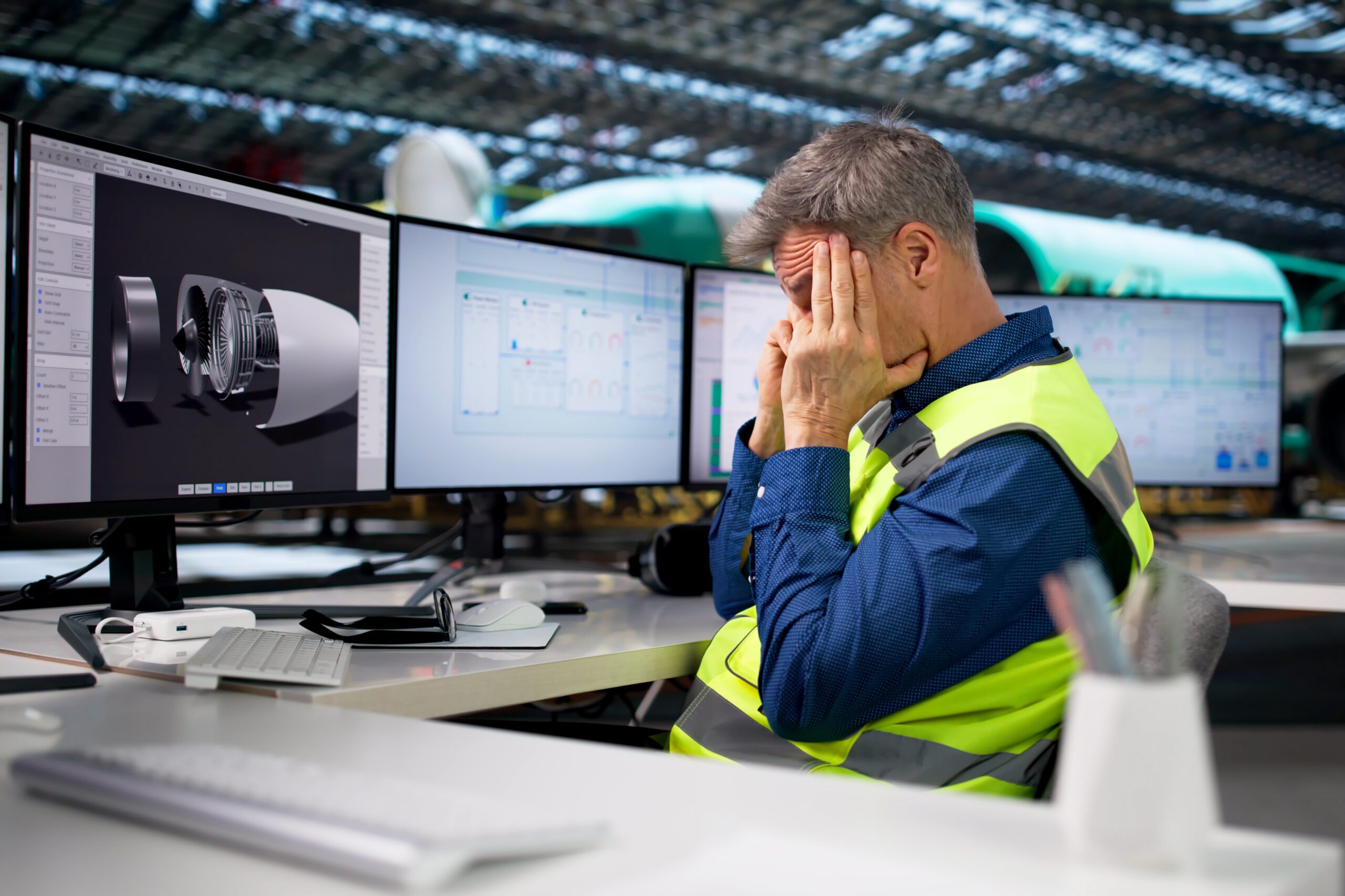 Troubled Engineer Struggling At Aircraft Factory, Stressed